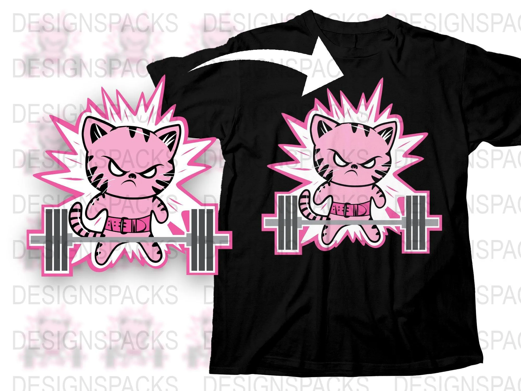 Bold Pink Cat Powerlifting Graphic Png Digital Download