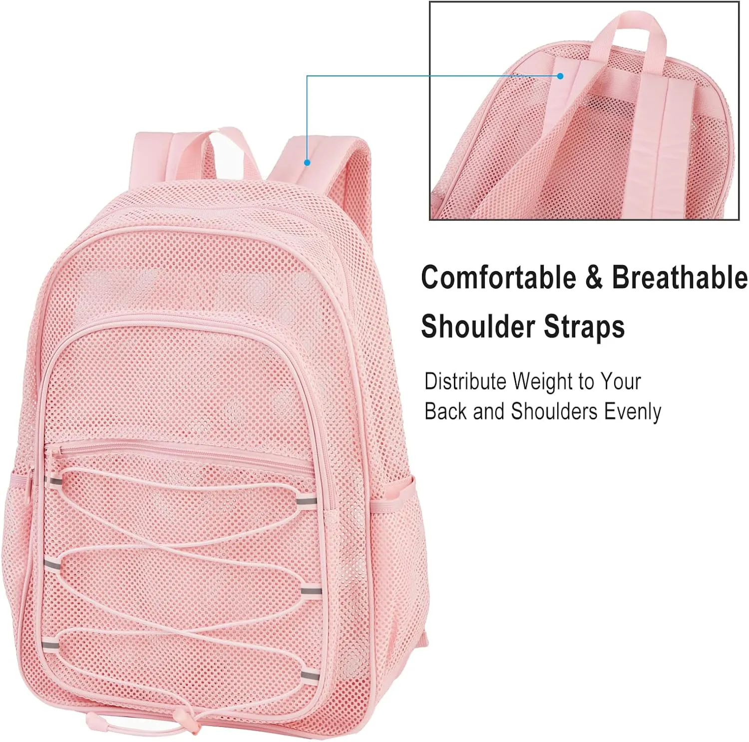 COVAX Heavy Duty Mesh Backpack, Semi-transparent Mesh Bookbag,See Through College Backpack with Bungee and Comfort Padded Straps for Commuting, Swimming, Beach, Outdoor Sports (Pink)