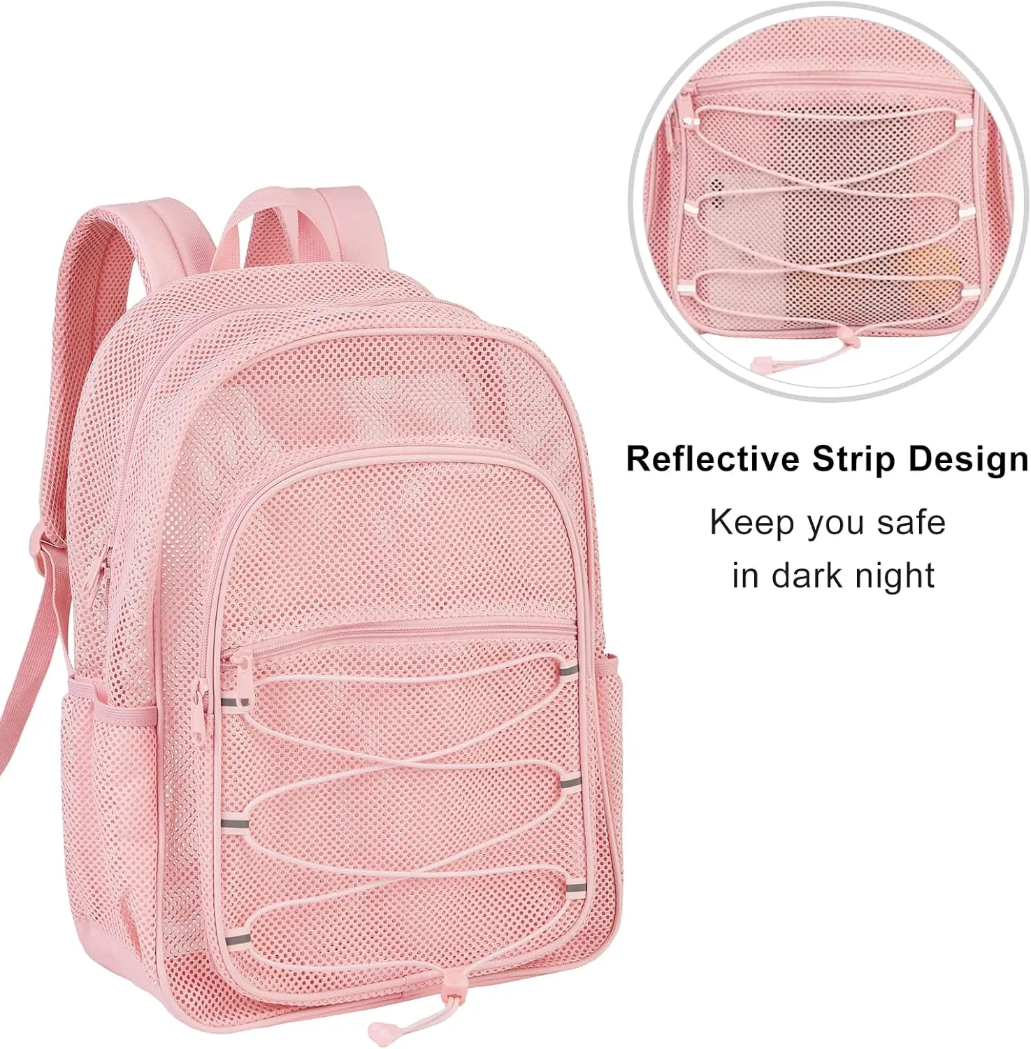COVAX Heavy Duty Mesh Backpack, Semi-transparent Mesh Bookbag,See Through College Backpack with Bungee and Comfort Padded Straps for Commuting, Swimming, Beach, Outdoor Sports (Pink)