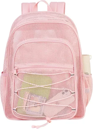 COVAX Heavy Duty Mesh Backpack, Semi-transparent Mesh Bookbag,See Through College Backpack with Bungee and Comfort Padded Straps for Commuting, Swimming, Beach, Outdoor Sports (Pink)