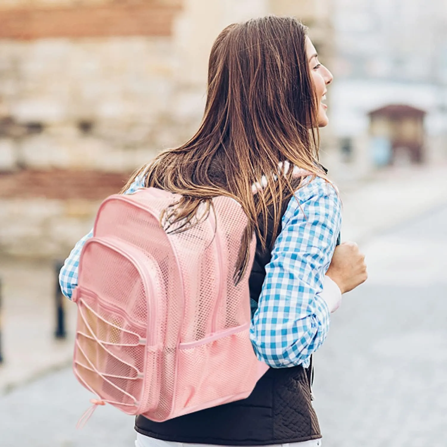 COVAX Heavy Duty Mesh Backpack, Semi-transparent Mesh Bookbag,See Through College Backpack with Bungee and Comfort Padded Straps for Commuting, Swimming, Beach, Outdoor Sports (Pink)