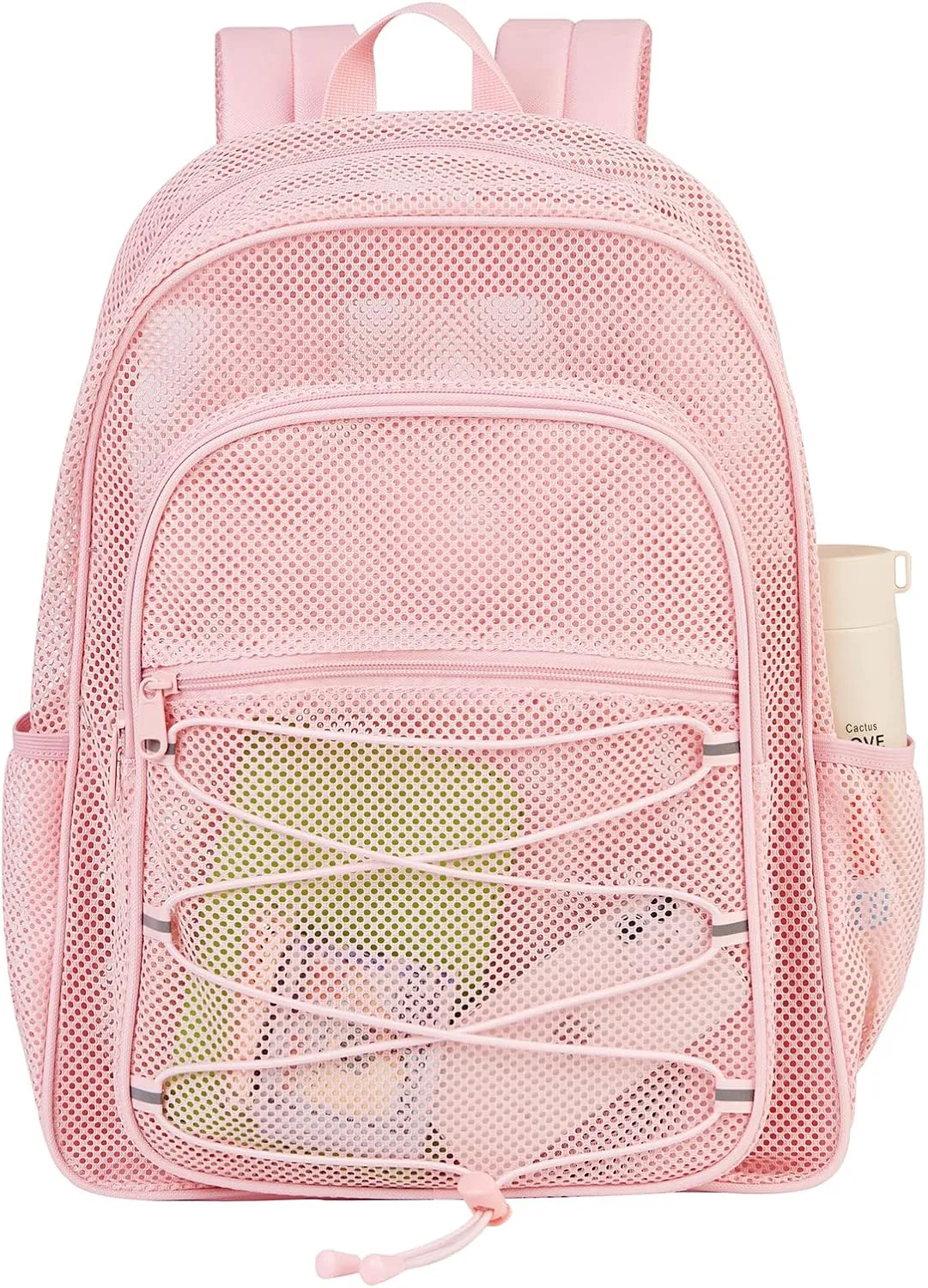 COVAX Heavy Duty Mesh Backpack, Semi-transparent Mesh Bookbag,See Through College Backpack with Bungee and Comfort Padded Straps for Commuting, Swimming, Beach, Outdoor Sports (Pink)