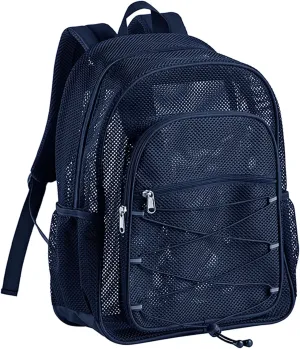 Heavy Duty Mesh Backpack, See Through College Student Backpack, Semi-transparent Mesh Bookbag with Bungee and Comfort Padded Straps for Commuting, Swimming, Beach, Outdoor Sports (Royal Blue)