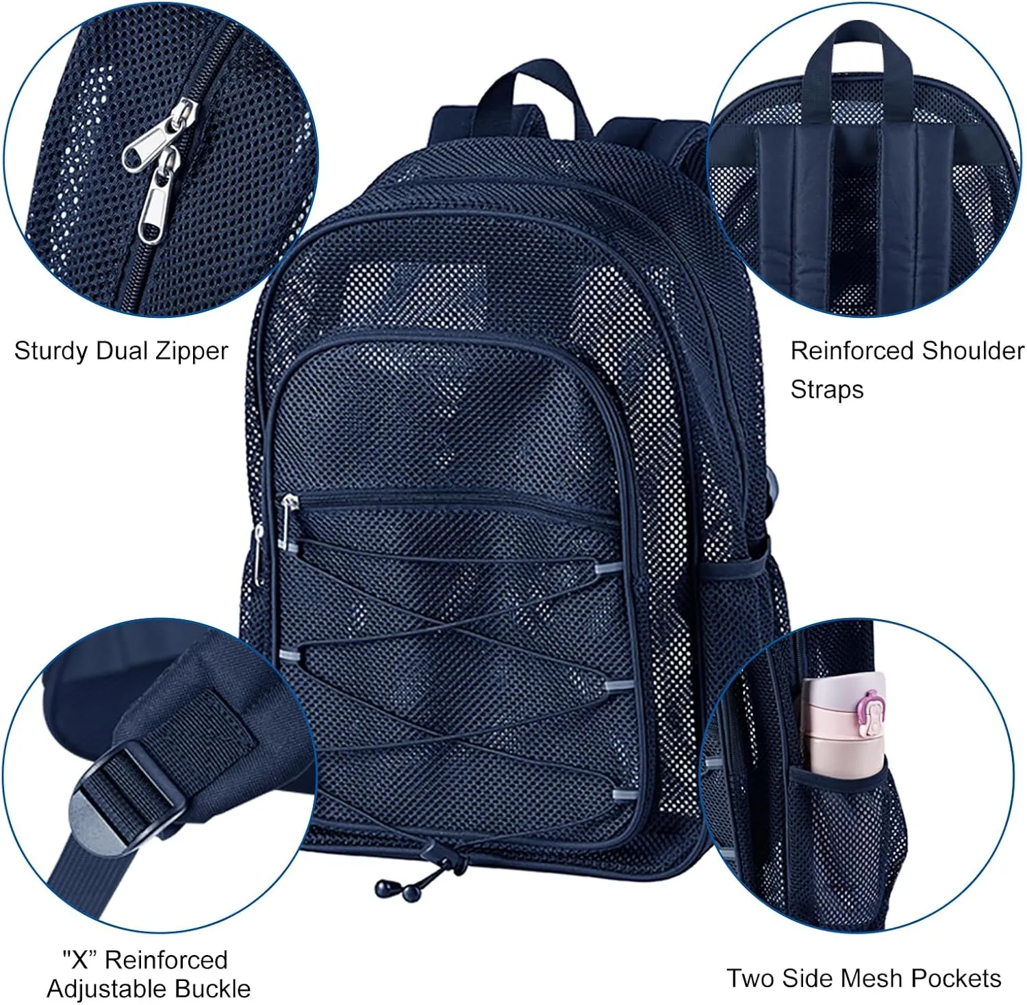 Heavy Duty Mesh Backpack, See Through College Student Backpack, Semi-transparent Mesh Bookbag with Bungee and Comfort Padded Straps for Commuting, Swimming, Beach, Outdoor Sports (Royal Blue)