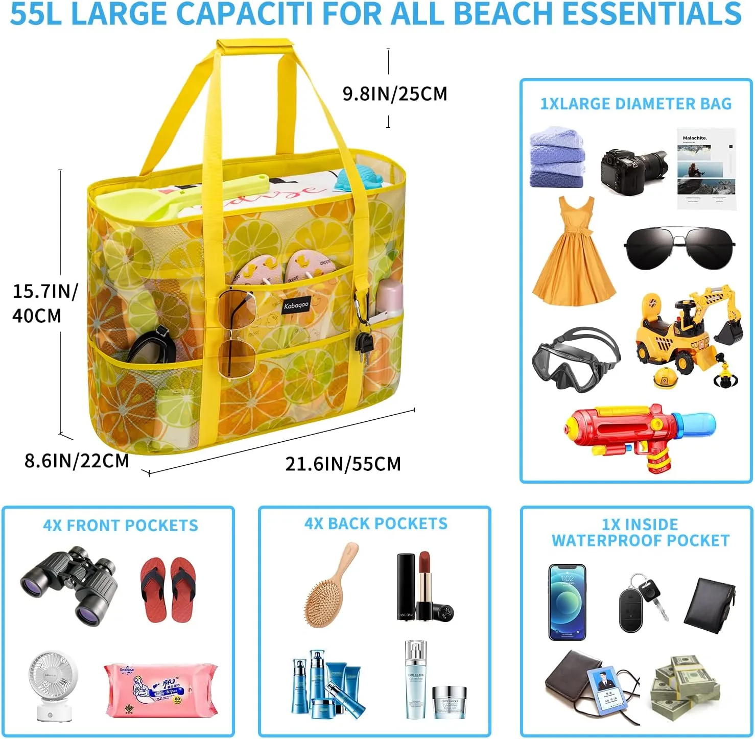 KABAQOO Mesh Beach Bag, Extra Large Beach Bags with 9 Pockets & Zipper Waterproof Lightweight Beach Tote for Beach/Pool Trip