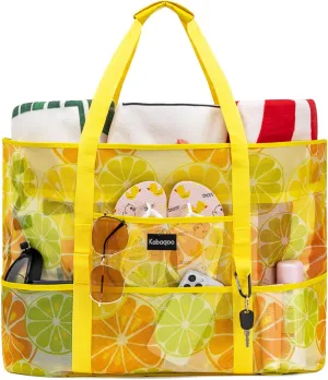 KABAQOO Mesh Beach Bag, Extra Large Beach Bags with 9 Pockets & Zipper Waterproof Lightweight Beach Tote for Beach/Pool Trip