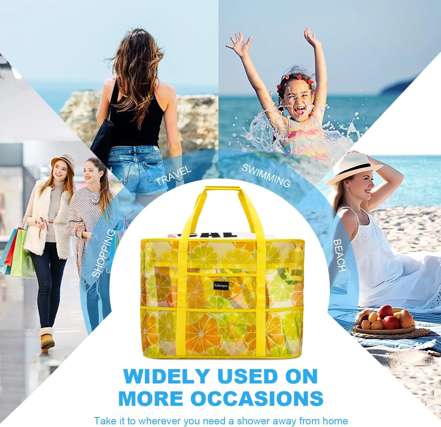 KABAQOO Mesh Beach Bag, Extra Large Beach Bags with 9 Pockets & Zipper Waterproof Lightweight Beach Tote for Beach/Pool Trip