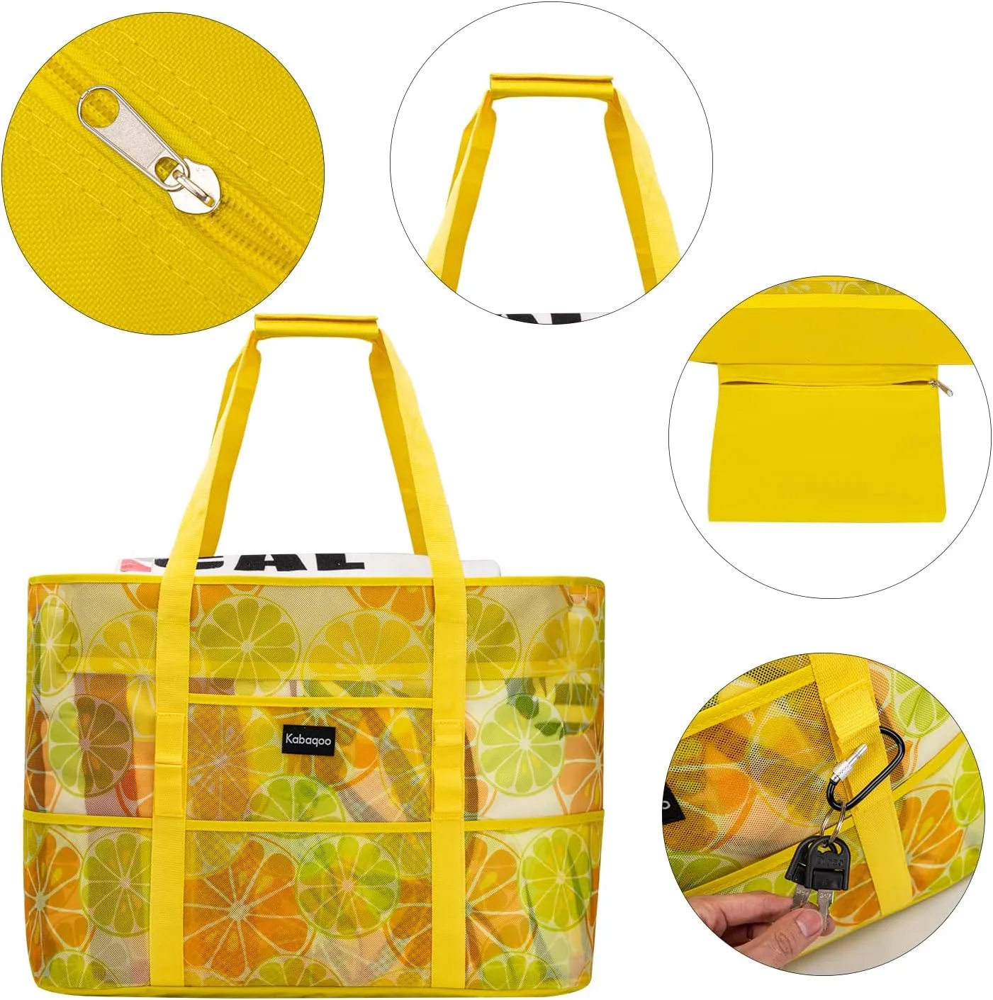 KABAQOO Mesh Beach Bag, Extra Large Beach Bags with 9 Pockets & Zipper Waterproof Lightweight Beach Tote for Beach/Pool Trip