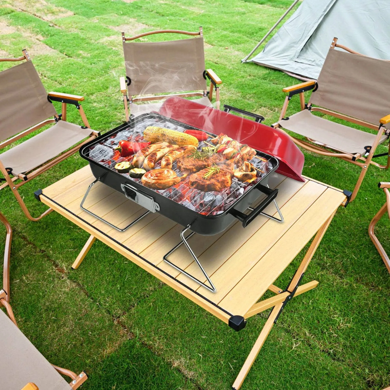 Portable Charcoal Tabletop Grill with Lid