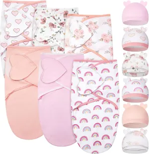 Ramede 6 Pack Baby Swaddle Blanket with Hats Sleep Swaddle for 0-3 Months Newborn Sacks Soft Cotton Wearable for Boy Girl